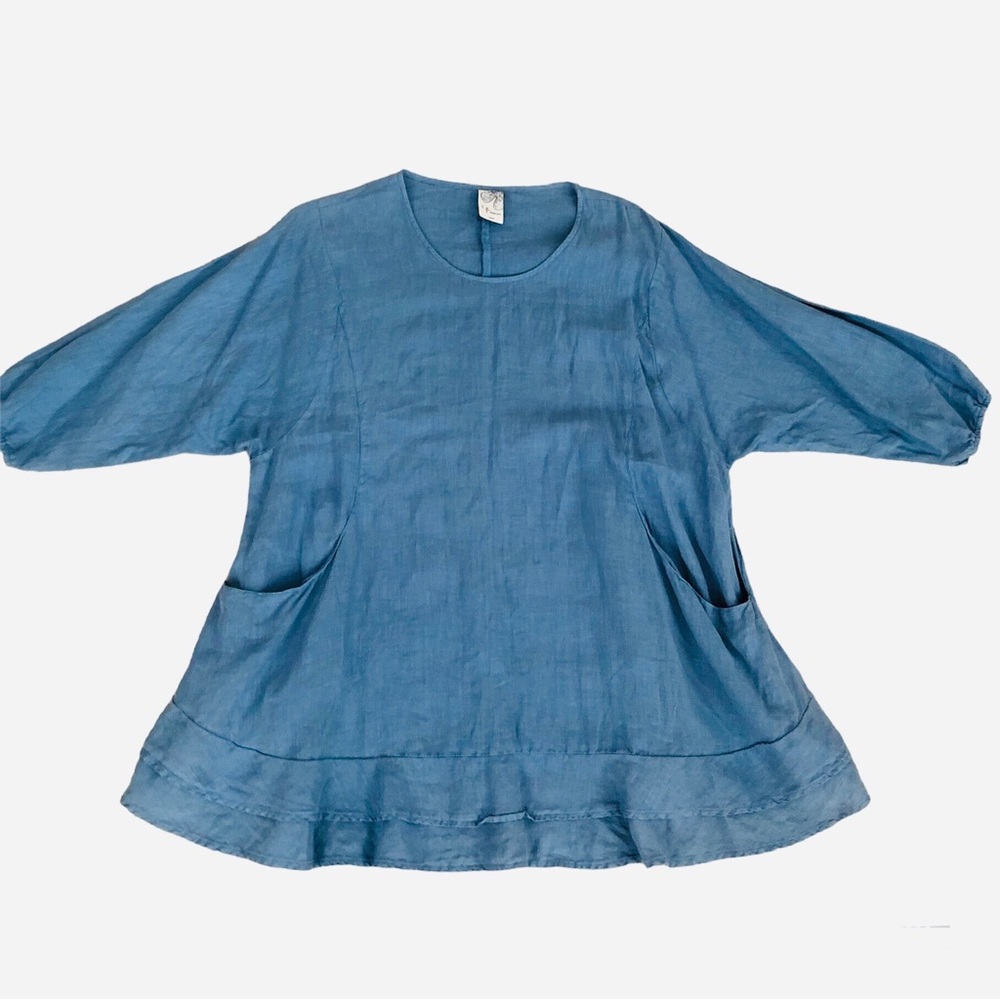 LA FIXSUN Lagenlook Blue 100% Linen Double Layered Hemline Tunic Top Size Small